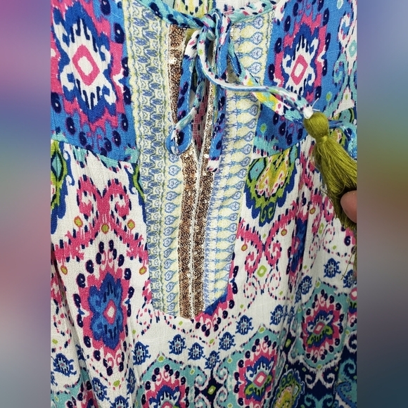 Farmers Market by One World Top S Ikat Tie Neck Popover Sequins Flutter Sleeves - Picture 4 of 13